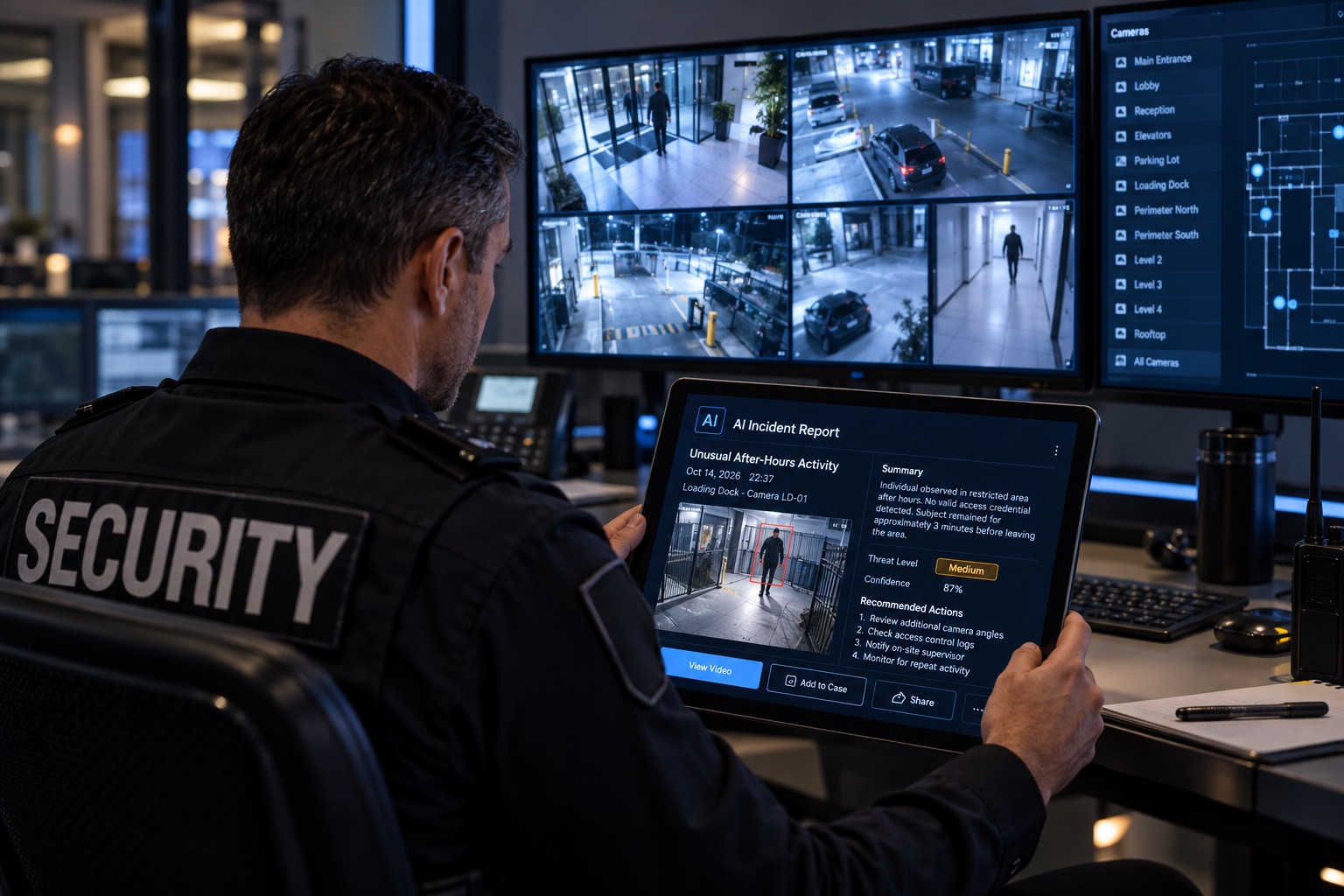 A security supervisor reviewing an AI-generated incident report on a tablet in a control room