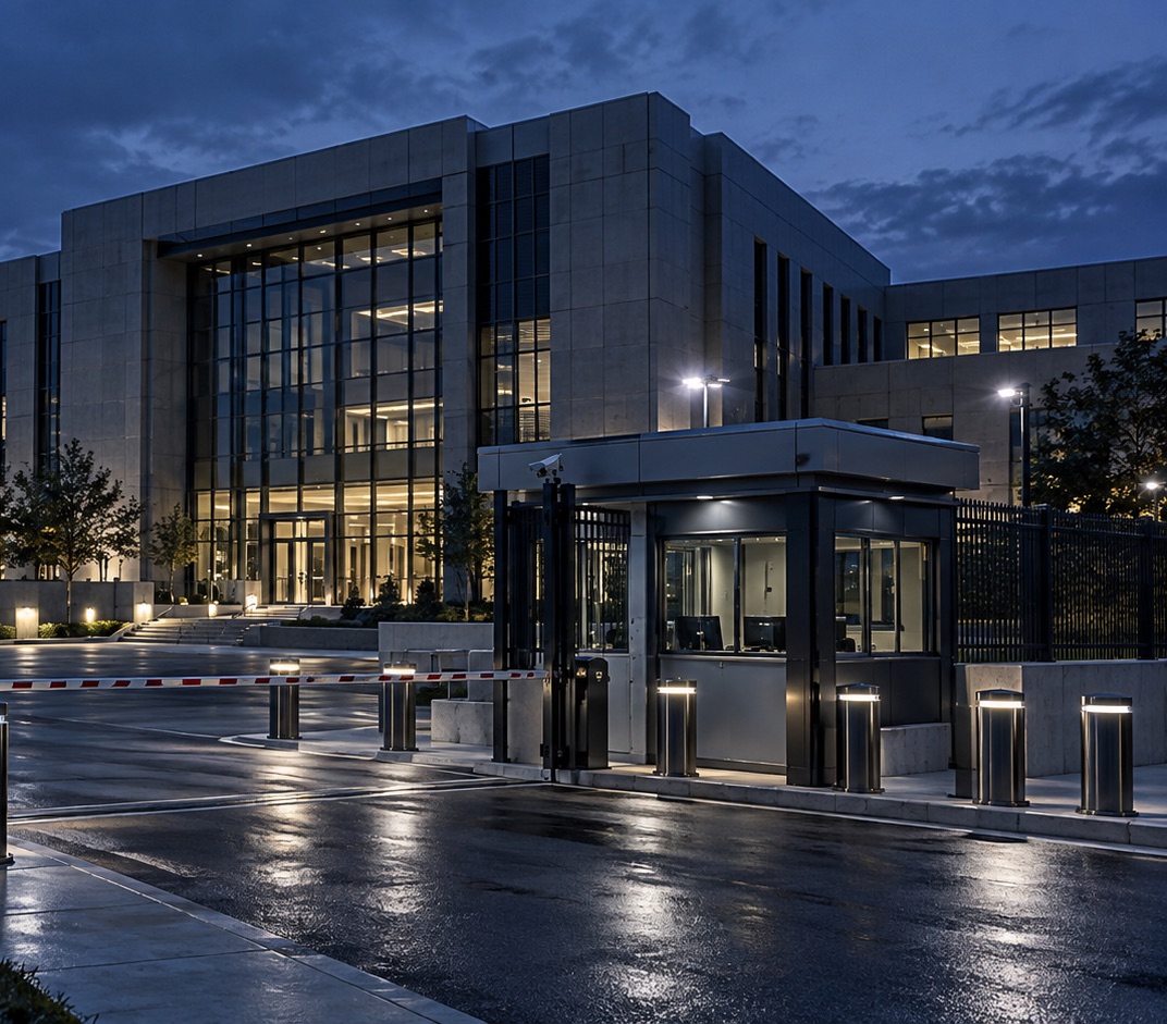 A secure government facility at blue hour with a guard booth, vehicle barrier and bollards