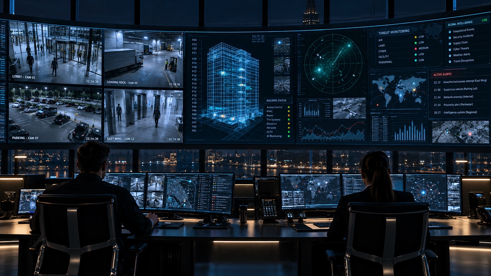 Operators at a security operations centre at night, facing a wall of camera feeds, a building model, radar and threat dashboards